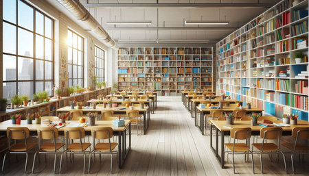 Modern library interior with bookshelves and tables. 3d rendering