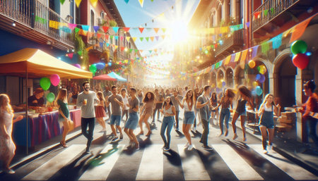 Dancing people at a party in the city. Colorful background.