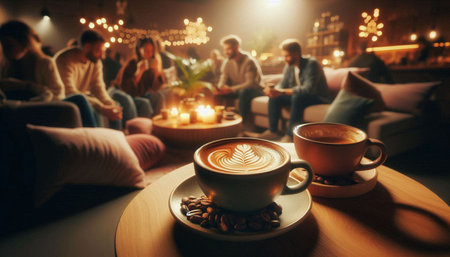 Cup of coffee with latte art on wooden table in cafe
