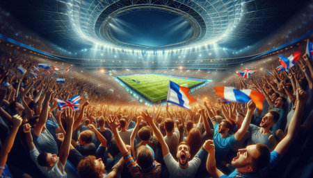 Soccer fans with flags at the stadium. 3D illustration.
