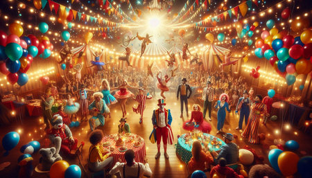 Circus clowns in the circus at night, 3d rendering