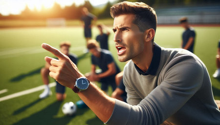 Handsome young man in sportswear pointing at his watch while playing football on the field