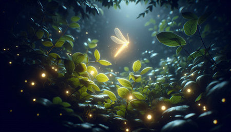 Green leaves in dark forest with glowing lights. 3D Rendering