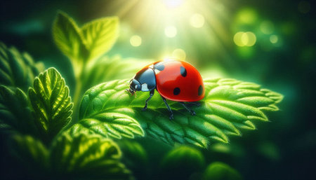 ladybug on green leaf with bokeh light background.