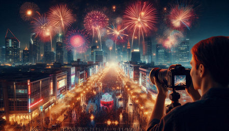 Photographer taking picture of modern cityscape with fireworks. Mixed media