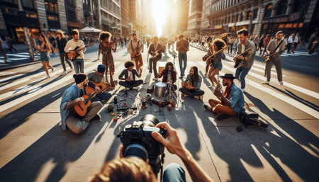 Group of young people having fun in the city.They are sitting on the road and playing music