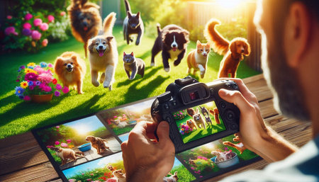 Man photographing a group of dogs in the garden at sunset.
