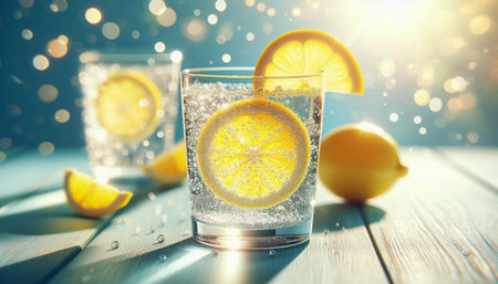Glass of fresh lemonade with ice cubes and lemon slices on wooden table