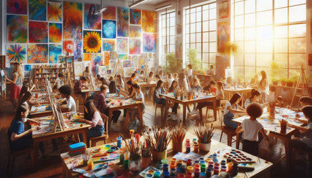 Art School Learning Creativity Imagination Graphic Art Concept. Group of Kids Drawing and Painting on Table