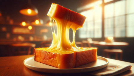 Slice of fresh orange cake with honey on the table in the kitchen