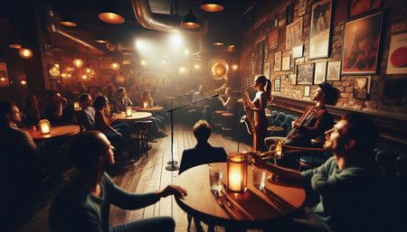 Couple in a pub. Man playing the violin and woman singing.