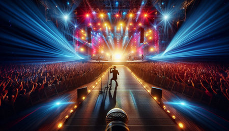 Stage lights and crowd of people at a concert. 3D rendering