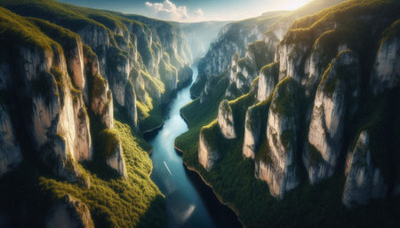 Panoramic view of the river in the mountains. Beautiful nature landscape