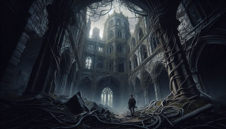 Fantasy scene of a man standing in front of a haunted house