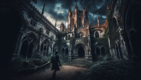 Mysterious woman in front of the gothic church.
