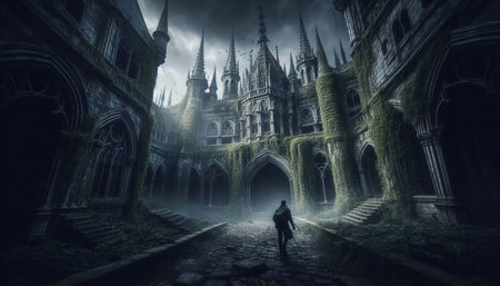 Fantasy scene with a man in front of the gothic castle