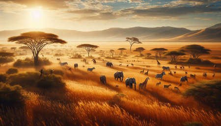 African savannah with elephants and zebras at sunset, 3d render