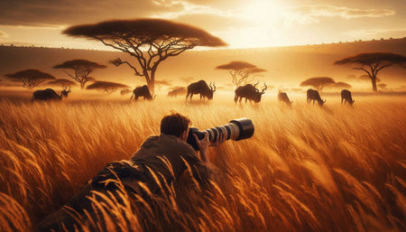 Photographer taking picture of wildebeest in savannah at sunset