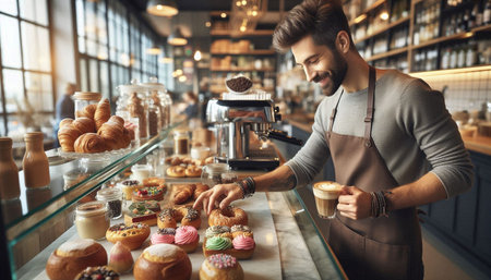 Handsome young man working in cafe, holding cup of coffee
