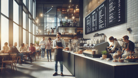 Coffee shop. Young man in apron standing in front of coffee shop and making order.