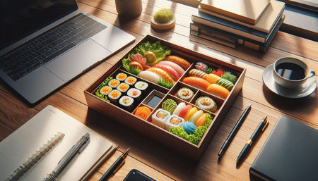 Healthy lunch box with variety of fresh sushi in wooden table.