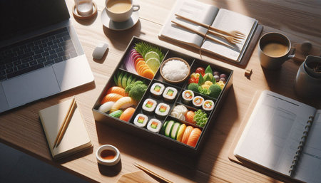Healthy lunch box with fresh vegetables, rice and chopsticks on wooden table