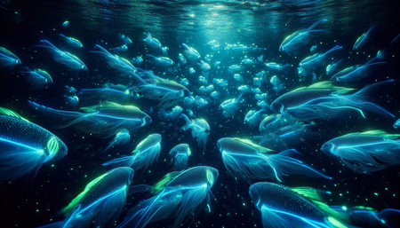 Fishes in the deep blue sea. 3d render illustration.