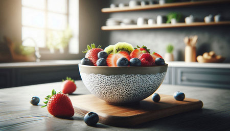 Healthy fresh fruit salad in bowl on wooden table in modern kitchen