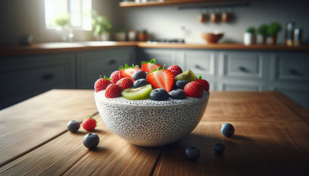 Healthy breakfast bowl with strawberries and blueberries on wooden table in kitchen