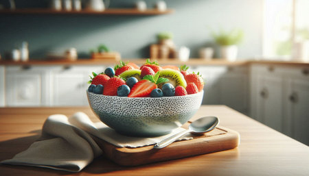 Fresh fruit salad in bowl on wooden table in kitchen, closeup