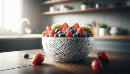 Healthy breakfast bowl with fresh berries and fruits on table in kitchen