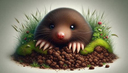 Cute mole in the grass, 3d rendering. Computer digital drawing.