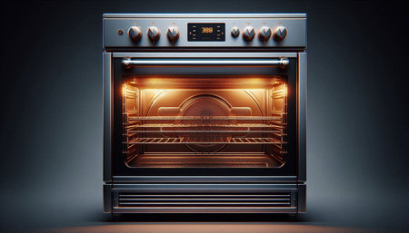 Digital illustration of a oven in black background. 3D rendering.