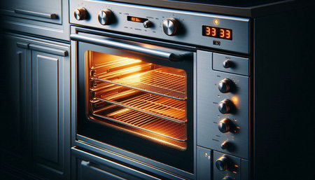 Modern electric oven in dark room, close-up. 3d rendering