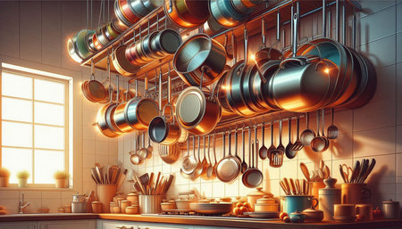 3d rendering of a kitchen with a lot of utensils