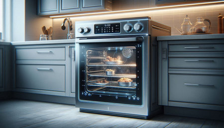 3d rendering of an oven in a modern kitchen with built in appliances