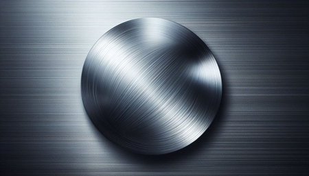 Metal plate with a circular polished surface, with a metal texture, glares and burnished edges