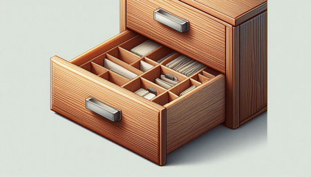 Wooden drawer with drawers and books in it. 3d illustration