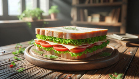 Delicious sandwich on wooden table, closeup. Space for text