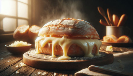 Freshly baked sourdough bread with melted cheese on wooden board