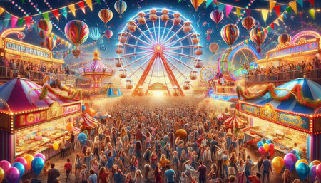 Amusement park with colorful rides and people. 3d rendering