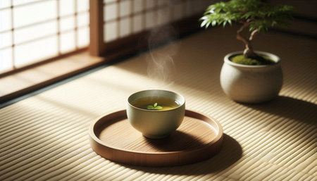 Green tea and japanese bonsai on a bamboo mat