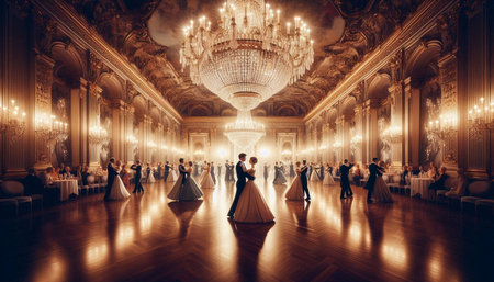 Wedding couple dancing in the hall of the royal palace.