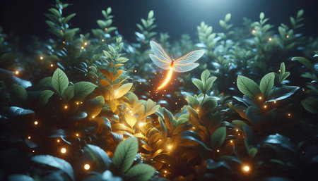 Dragonfly on green leaves. 3D rendering. Neon lights.