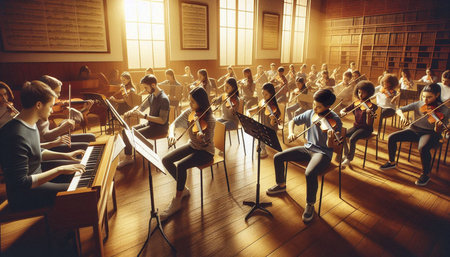 Classical music. Side view of a group of young people playing the instruments while sitting in the hall