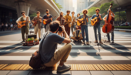 Hipster musician playing guitar and singing in the street in the city