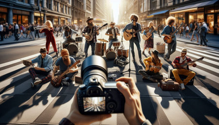 Band of musicians performing in the street and taking pictures with a camera