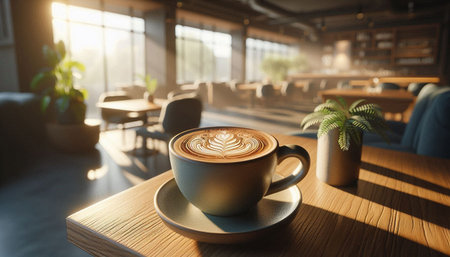 Coffee cup on wooden table with sunlight and bokeh background.