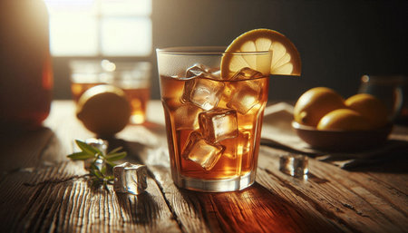 Glass of iced tea with lemon and ice cubes on wooden table