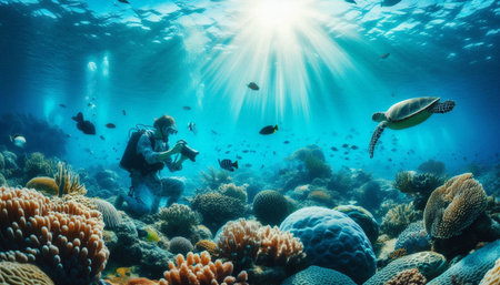 Tropical underwater scene with a sea turtle and a diver.